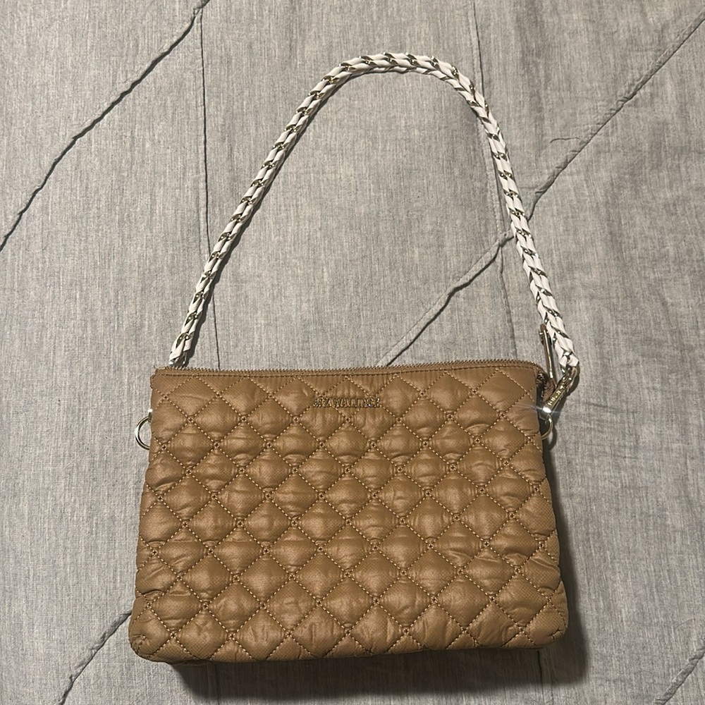 MZ Wallace Quilted Tan Shoulder Bag with White Braided Strap